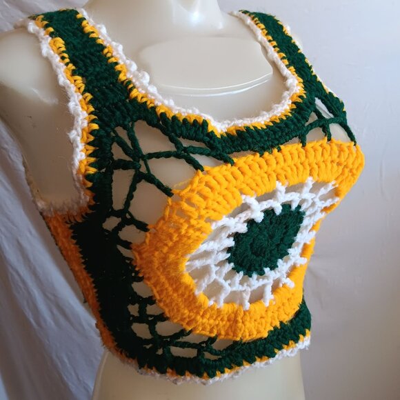 1OF1 Small Handmade Crochet Halter Top Green Yellow White Sunburst 1970's Hippy - Picture 2 of 5